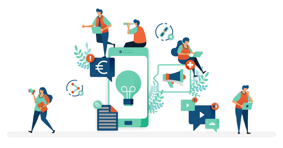 Ilustración con diferentes individuos trabajando una estrategia de marketing