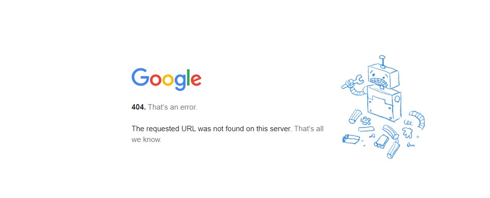 ¿Qué es el error 404? 1 Página de error del buscador Google. Muestra un robot un poco confuso e informa de que la página buscada no existe